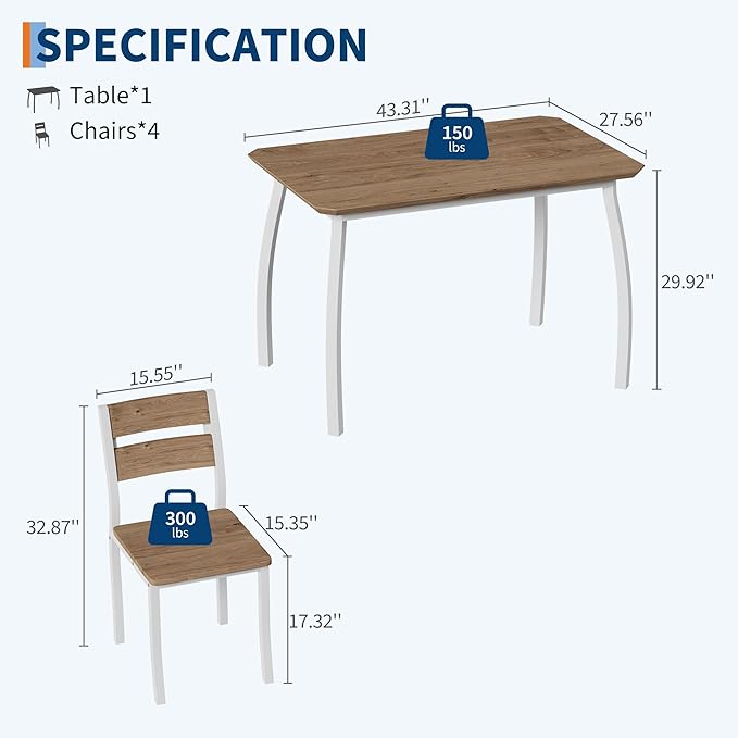 5 Piece Dining Table Set for 4, Space-Saving Kitchen Table with Wooden Seat Chairs, Modern Angled Corner Design, Compact Dinner Set for Small Spaces, Apartment, White & Wood Grain Color