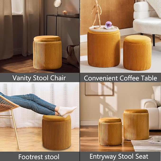 Round Ottoman with Storage Set of 2-Upholstered Sherpa Vanity Stool for Makeup Multifunctional Ottomans Coffee Table Padded Seat Foot Rest (Engineered Wood, Yellow-Upgrade Taray Lid)