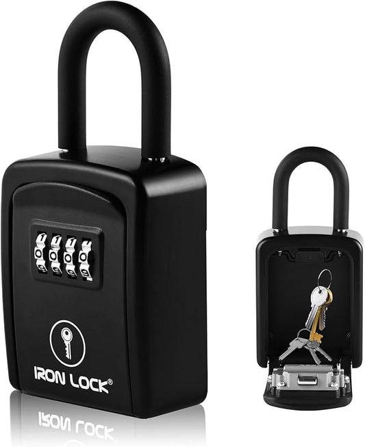 Iron Lock® Key Lock Box Portable with U-Shackle – Small Waterproof Heavy-Duty Metal Safe with 4-Digit Combination for Spare Keys Outside on Door Knob, Fence, or Gate (Black, Small)