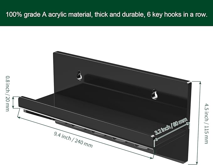 Decorative Acrylic Key Hooks Wall Mount with Shelf - Entryway Key Rack Mail Organizer Living Room Decor (Black)