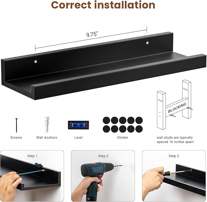 Heimlove Floating Shelves Set of 6, 16" Wall Mounted Picture Ledge, Display Shelf Organizer for Decor Storage, Wall Mounted Shelves for Living Room, Bedroom, Bathroom, Kitchen (Black)