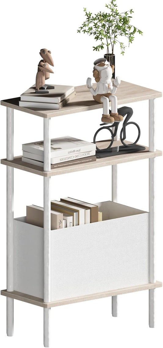 Narrow Side Table with Fabric Basket, End Table for Small Spaces, Slim Nightstand with 3-Tier Storage Shelf, Sofa Beside Table, for Living Room, Bed Room, Natrual Oak