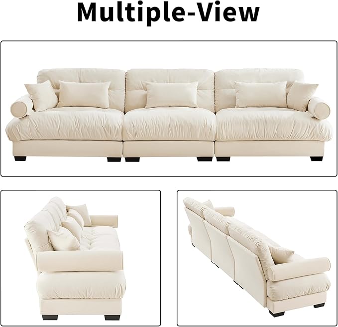 130" Oversized Couch, 3 Seater Modular Sectional Sofa, Beige White Large Sectional Couches for Living Room, Fluffy Couch Set, 3 Seater Velvet Cloud Couches with 5 Pillows, Deep Seat for Living Room
