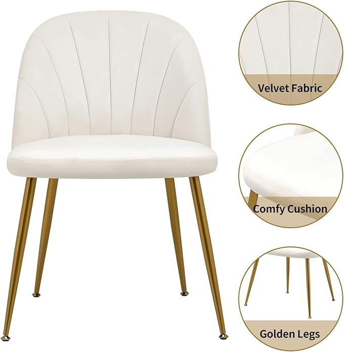 Velvet Dining Chairs Set of 4, Mid-Century Modern Upholstered Kitchen Chair with Metal Gold Legs for Living Room, Dining Room, White