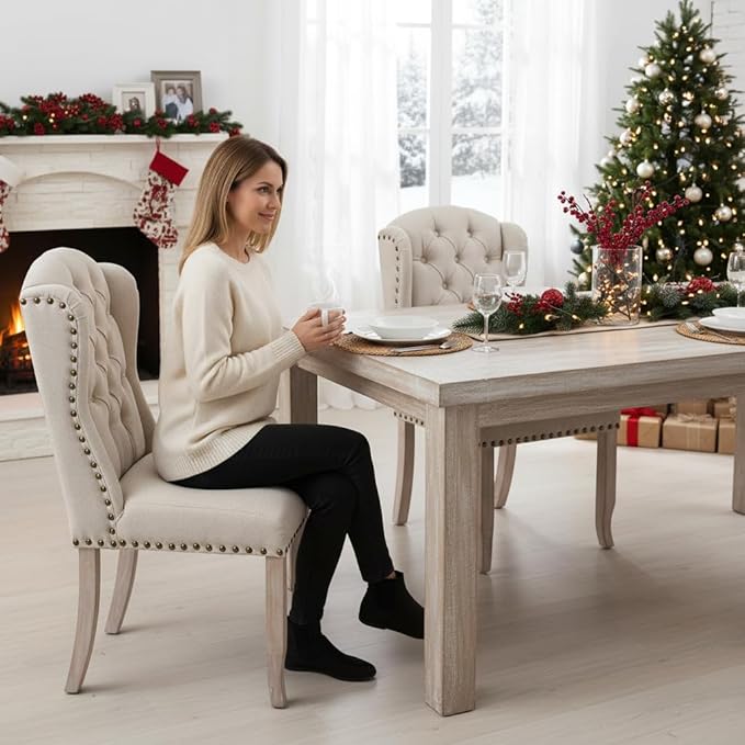 DUOMAY Modern Tufted Dining Chairs Set of 2, Linen Upholstered Dining Room Chairs Armless Guest Side Chair for Kitchen Dining Room, Wingback Accent Chairs with Solid Wood, Beige