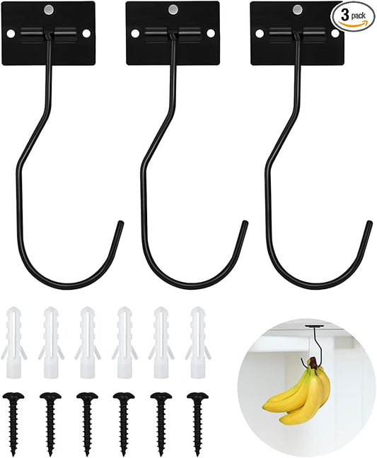 Banana Hanger Hook – Space Saving Banana Holder Hanger to Keep Bananas Fresh, Self Adhesive and Screw Banana Hook 3Pack Black