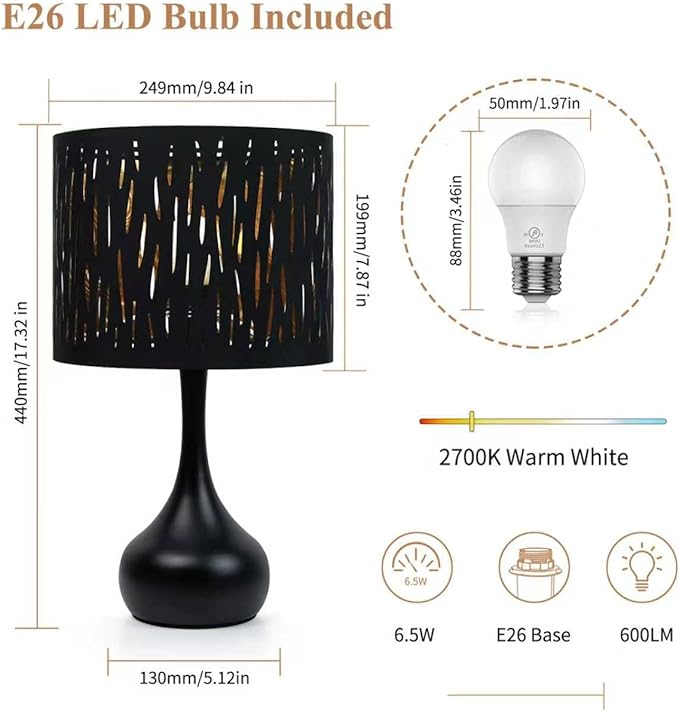 ONEWISH Touch Bedside Lamp for Bedroom, 3-Way Dimmable Table Lamps for Nightstand, Black Cutout Shade with Gold Lining Desk Lamp for Living Room, End Tables, LED Bulb Included