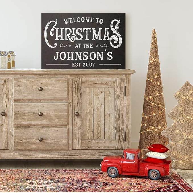 Milweb1 Personalized Family Name Welcome To Christmas/Rustic Vintage Farmhouse Holiday Decor Canvas Sign Holiday Decorations Wall Decor Print (18"x24")