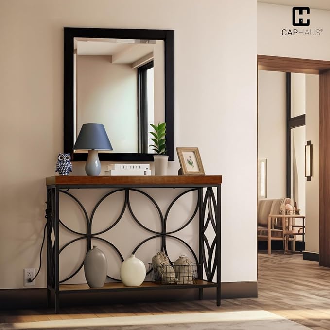 CAPHAUS 41” 2-Tier Industrial Sofa Console Thick Table w/Storage & Charging Station, Entrance Tableau w/ 2 Outlets, USB & Type-C Ports for Entryway, Living Room, Hallway, Foyer, Rustic, Butterfly