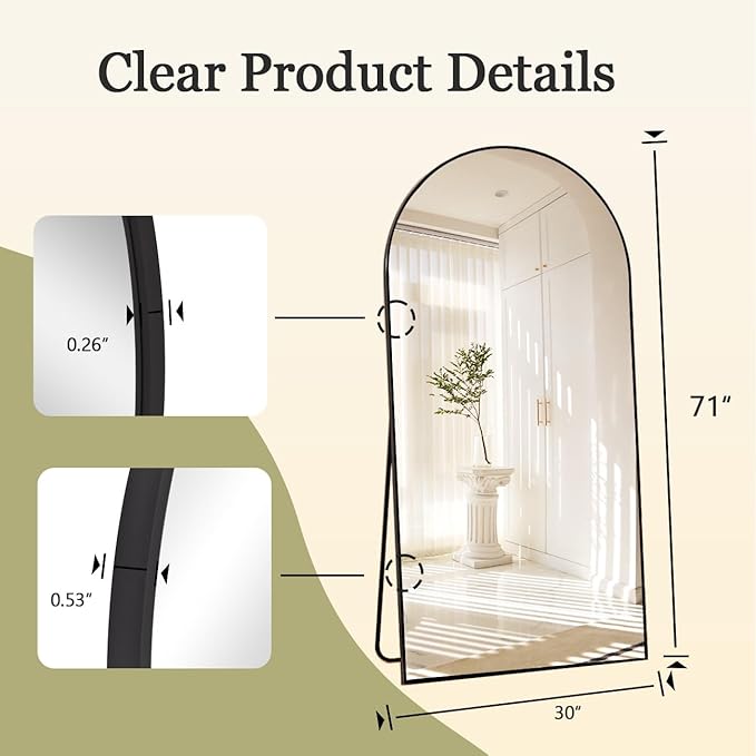BEAUTYPEAK 71"x30" Arch Full Body Floor Mirror, Full Length Mirror Wall Mirrors Hanging or Leaning Arched-Top with Stand for Bedroom, Dressing Room, Black