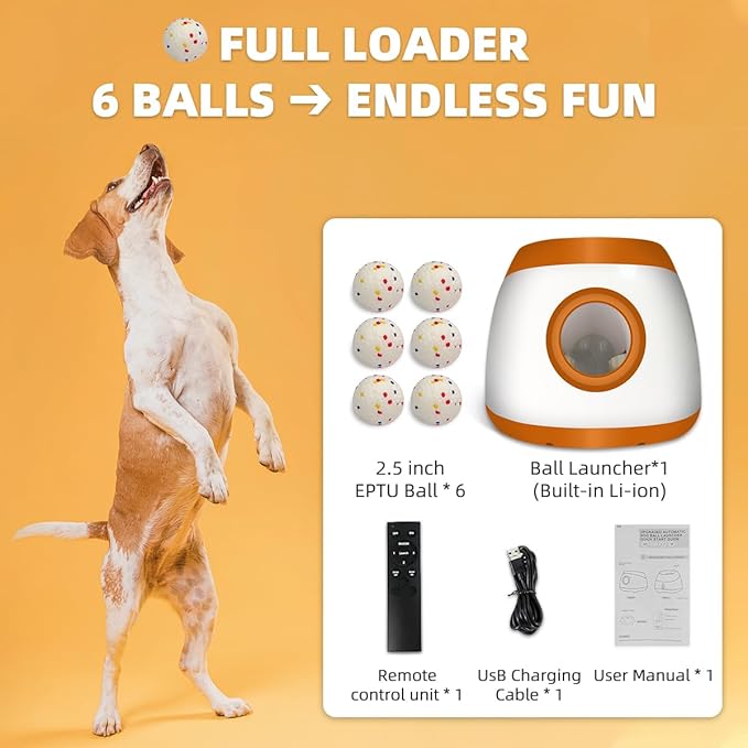 AutoDog Ball Launcher - Large Silent Dog Ball Thrower with Remote Control, 3 Adjustable Distances (40t/60ft/80ft), Rechargable,Includes 6 Durable 2.5" Balls for Medium/Large Dogs (Orange, Large)