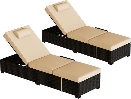 Outdoor Patio Rattan Chaise Lounge,Reclining Adjustable Pool Chaise Lounge Chair with Cushion,PE Wicker, Steel Frame, Sunbathing Chair for Beach, Yard, or Poolside, Set of 2 (Brown)