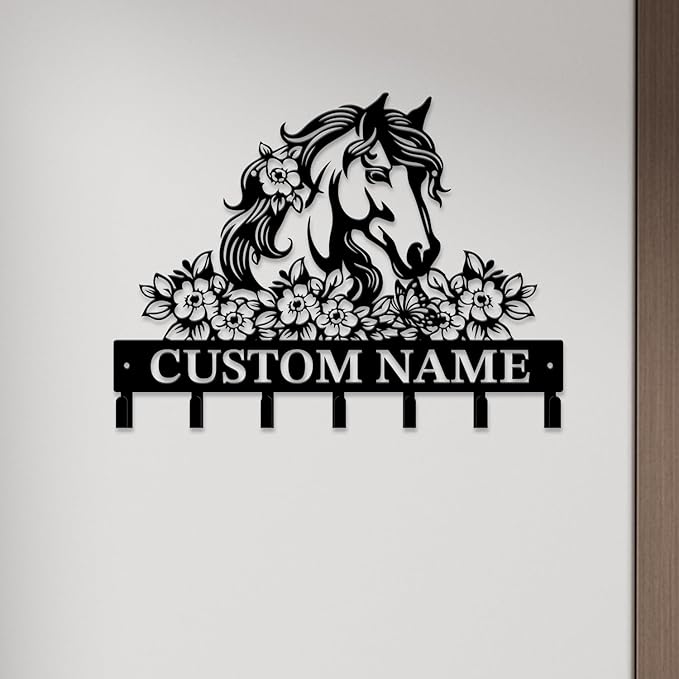 Personalized Custom Name Farm Horse Wall Key Hooks,Metal Horse Art Clothes Hooks,Metal Horse Wall Home Storage Decorative,For Front Door, Hallway, Kitchen, Bedroom,Keys,Hats (Style C)