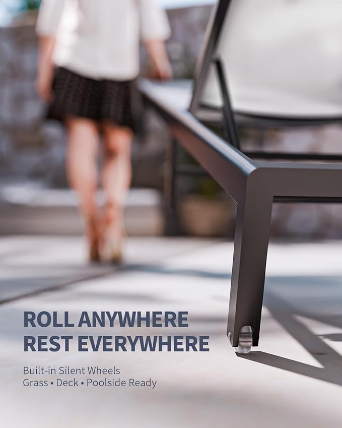 Aluminum Lounge Chairs Outdoor Chaise Furniture,2 Sets Patio Metal Deck Lounger Adjustable 5-Position Poolside Chase Recliner with Wheels for Beach,Coffee Table, (White, 1 Chair)