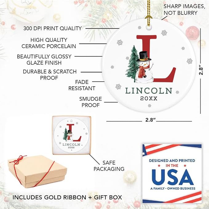 Andaz Press Personalized Ornament, Custom Name, Initial L Monogram Snowman 2.8" Ceramic Porcelain 2025 Christmas Ornament Keepsake for Kids, Boys, Girls, Includes Gold Ribbon & Gift Box, 1-Pack