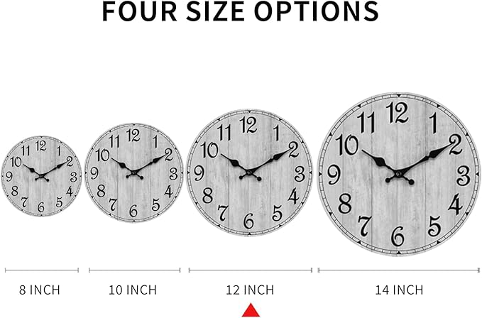 HYLANDA Wall Clock 12 Inch, Grey Wall Clocks Battery Operated Silent Non Ticking, Vintage Rustic Wooden Clocks Decorative for Kitchen Bathroom, Living Room, Bedrooms, Dining Room, Office (12")