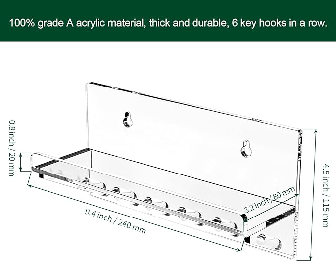 Decorative Wall Key Holder - Acrylic Mounted Key Hooks with Shelf, Entryway Rack, Mail Organizer, Living Room Decor (Clear)