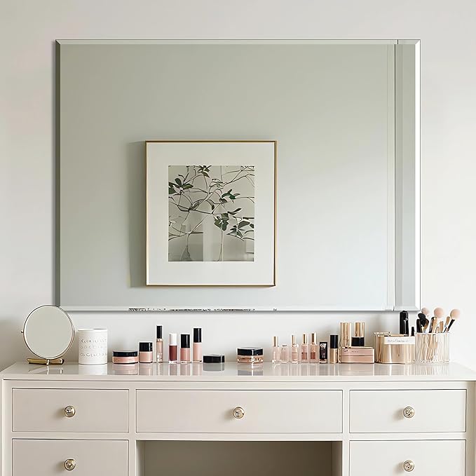 Ruomeng Frameless Mirror for Wall, 48x36 Inch Bathroom Vanity Mirror Farmhouse, Large Rectangle Mirror with Beveled Edge, Tempered Glass, Hangs Horizontally or Vertically