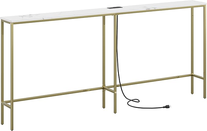 70.9 Inch Console Table with Power Outlet,Modern Narrow Long Sofa Table Behind Couch,Skinny Entry Table with Gold Metal Frame for Entryway,Living Room, Hallway,Marble White