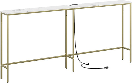70.9 Inch Console Table with Power Outlet,Modern Narrow Long Sofa Table Behind Couch,Skinny Entry Table with Gold Metal Frame for Entryway,Living Room, Hallway,Marble White