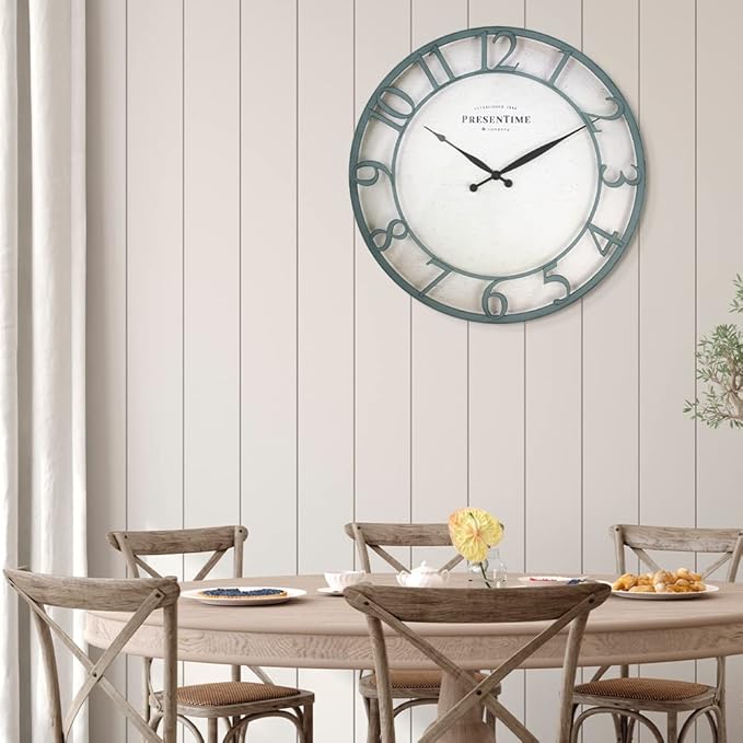 Presentime & Co 21" Farmhouse Series Wall Clock,Vintage Style, Retro Clock, Raised 3D Arabic Numeral, Aged Teal Finish. Wall Décor for Living Room and entryway.