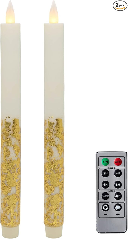 Flameless Taper Candles Flickering with Remote and Timer, 3D Moving Flame Taper Candle Battery Operated to 400 Hours, 9 Inch Window Candles, (Gold Leaf)