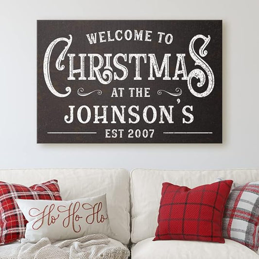 Milweb1 Personalized Family Name Welcome To Christmas/Rustic Vintage Farmhouse Holiday Decor Canvas Sign Holiday Decorations Wall Decor Print (8"x10")