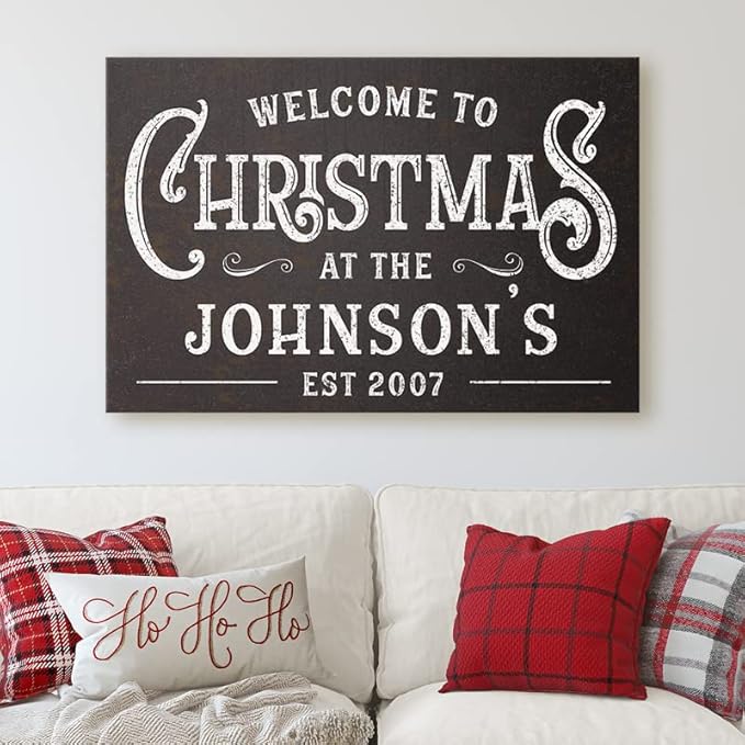 Milweb1 Personalized Family Name Welcome To Christmas/Rustic Vintage Farmhouse Holiday Decor Canvas Sign Holiday Decorations Wall Decor Print (18"x24")