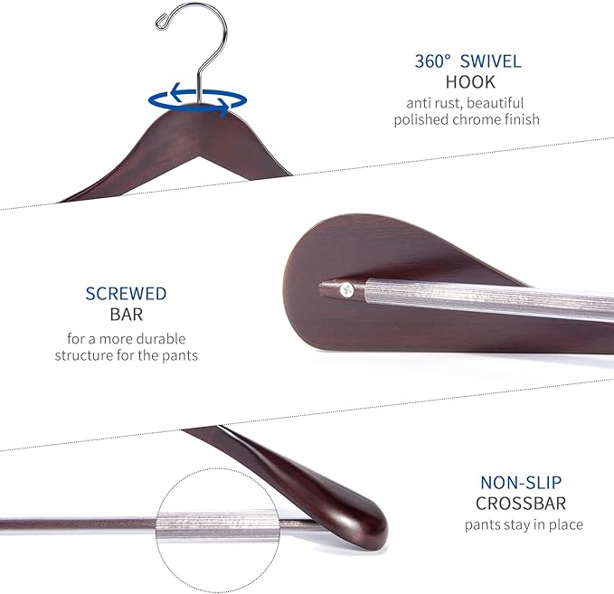 Nature Smile Luxury Mahogany Wooden Suit Hangers - 12 Pack - Wood Coat Hangers,Jacket Outerwear Shirt Hangers with Extra-Wide Shoulder, 360 Degree Swivel Hooks & Anti-Slip Bar with Screw
