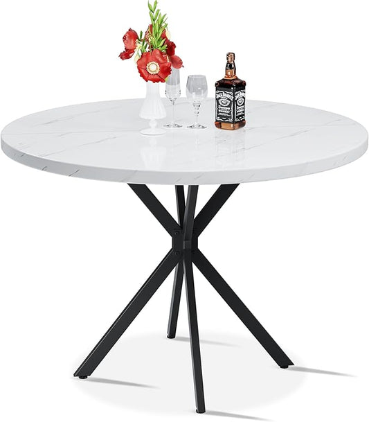 Round Dining Table, 39 Inch Modern Round Kitchen Table White Dining Table with Black X Base, Leisure Table for 4-5 People Small Space Dining Room, Apartment, Kitchen