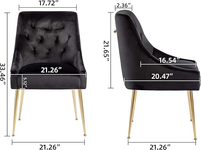 Modern Dining Chair Set of 4, Mid-Century Room Chair, Upholstered Comfortable Velvet with Back Pull Rod and Metal Legs for Kitchen, Dining, Living (Black), (DYXSD)