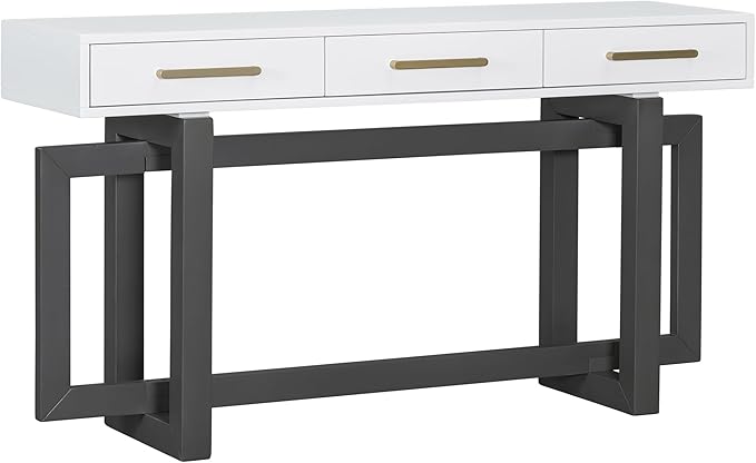 Knocbel Long Console Table with 3 Drawers and Handles, Minimalist Entryway Sofa Tables with Cross Sled Base for Living Room Hallway, 15.7" D x 57" W x 30.6" H Gray and Whitetop