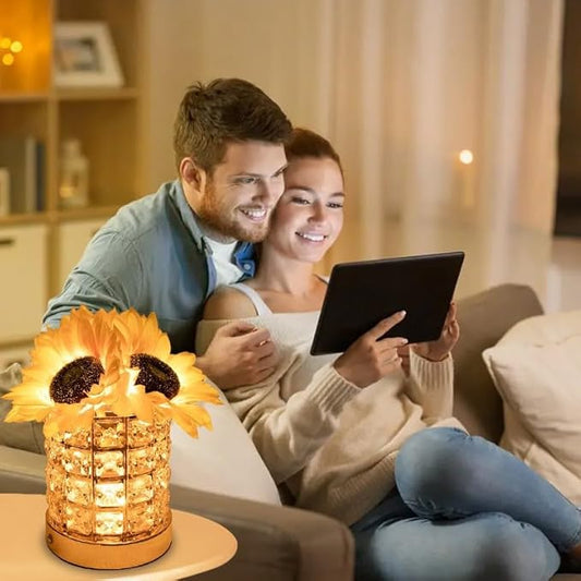 Crystal Cube LED Night Light with Sunflower Vase, USB Rechargeable Table Lamp, 3 Color Modes, Touch Control, Decorative Accent Light for Bedroom, Home (Crystal Column/Pillar (Sunflower))