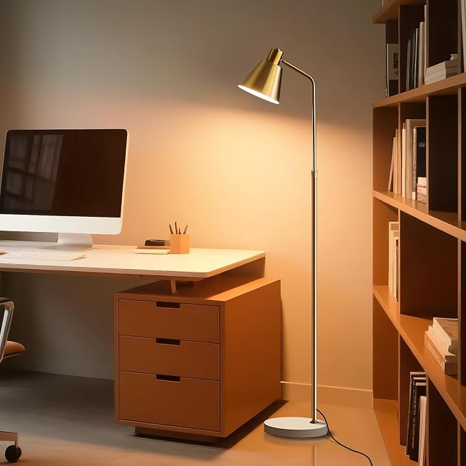 Gold Brass Industrial Floor Lamps with Bright 12W LED Bulb Adjustable 3 Colors, Living Room Sofa Corner Bedroom Bedside Office Study Reading Standing Tall Lights, Unique Modern Home Decor Essentials