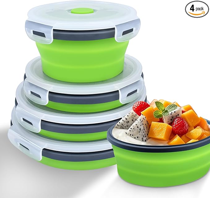Collapsible Food Storage Containers with Lid & Air Vent, 4 Pack Round Foldable Collapsible Storage Containers Sets for Meals, Lunch Bowls for Camping, Travel, Microwave Freezer Dishwasher Safe, Green