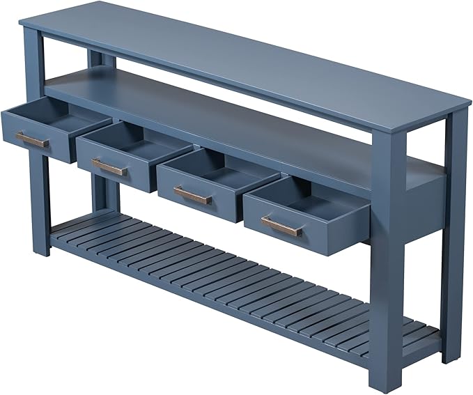 Modern 62'' Console Table Sofa Entryway Table with 4 Drawers and 2 Shelves, Acacia Wood Kitchen Buffet Cabinet Sideboard, Accent Table Furniture for Entryway Kitchen Living Room (Navy Blue-4DE)