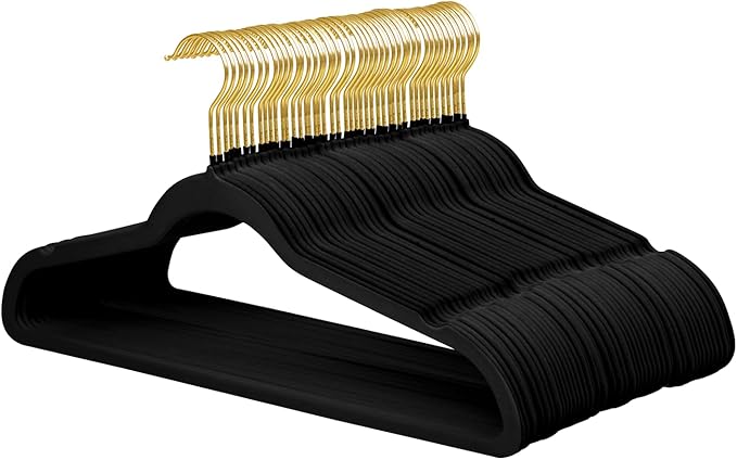 ManGotree Velvet Coat Hangers with 360° Swivel Gold Hook, Non-Slip Felt Suit Hangers, Slim Space Saving Clothes Hanger for Jacket, Sweater, Shirt, Dress, Pants (48 Pack, Black)