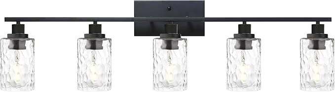 MELUCEE 5-Light Bathroom Lighting Fixtures Over Mirror, Contemporary Black Vanity Light Industrial Wall Lamp with Clear Hammered Glass Shade (Patent No.: US D963914 S)