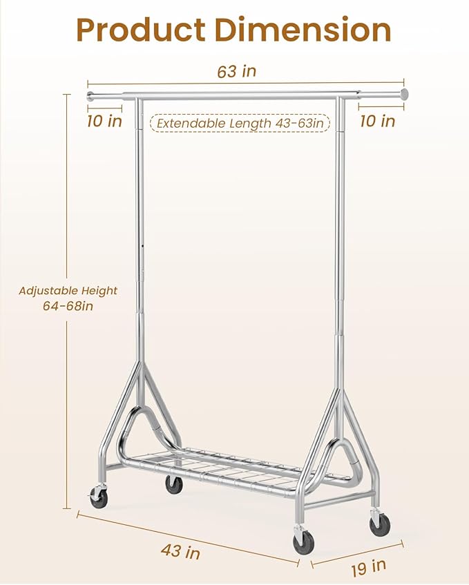 Heavy Duty Garment Rack, Metal Clothes Rack Load 450 LBS, Rolling Clothing Racks for Hanging Clothes with Lockable Wheels, Wardrobe Closet Coat Racks for Bedroom, Silver