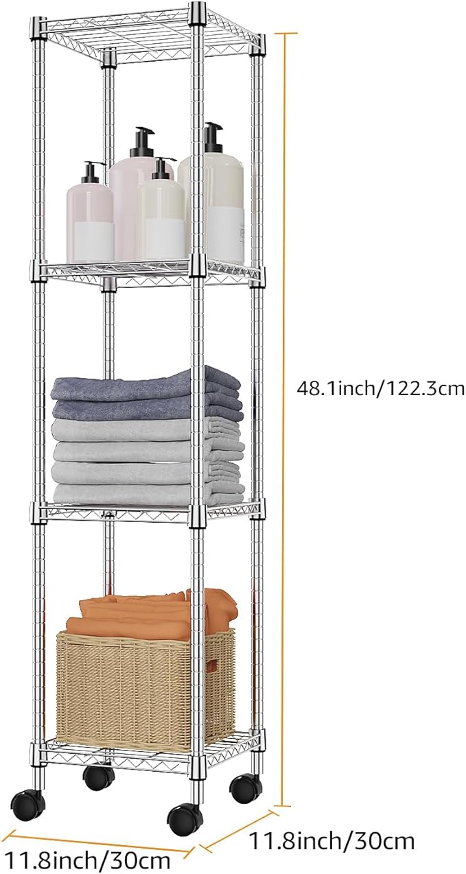Storage Shelves Adjustable, 4 Tier Shelving Units for Storage with Wheels, Corrosion Resistant Wire Shelving Unit for Kitchen Closet Bathroom Office, Chrome 11.8" D x 11.8" W x 48.1" H