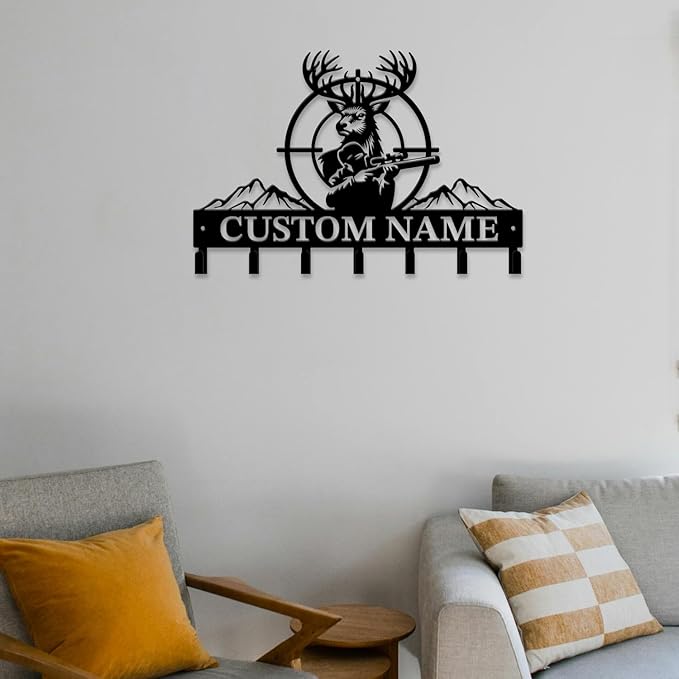 Personalized Custom Name Hunting Deer Wall Key Hooks,Metal Hunting Art Clothes Hooks,Metal Hunting Wall Home Storage Decorative,Hunter For Front Door, Hallway, Kitchen, Bedroom,Keys,Hats (Style J)