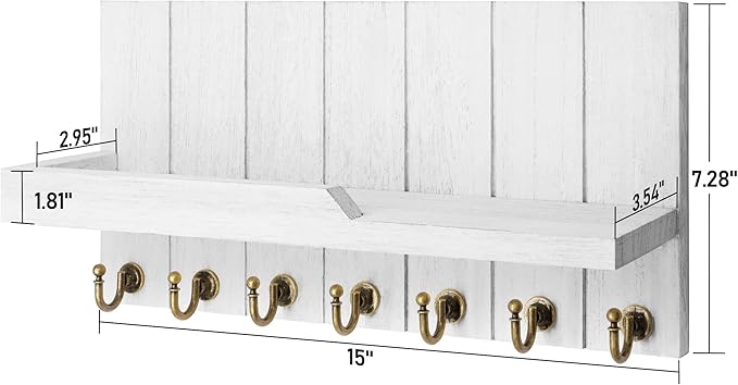 Rebee Vision Decorative Key and Mail Holder for Wall - Farmhouse 15 Inches Floating Shelf with 7 Sturdy Key Hooks for Home Entryway Wall Decor - Rustic Key Racks (White)
