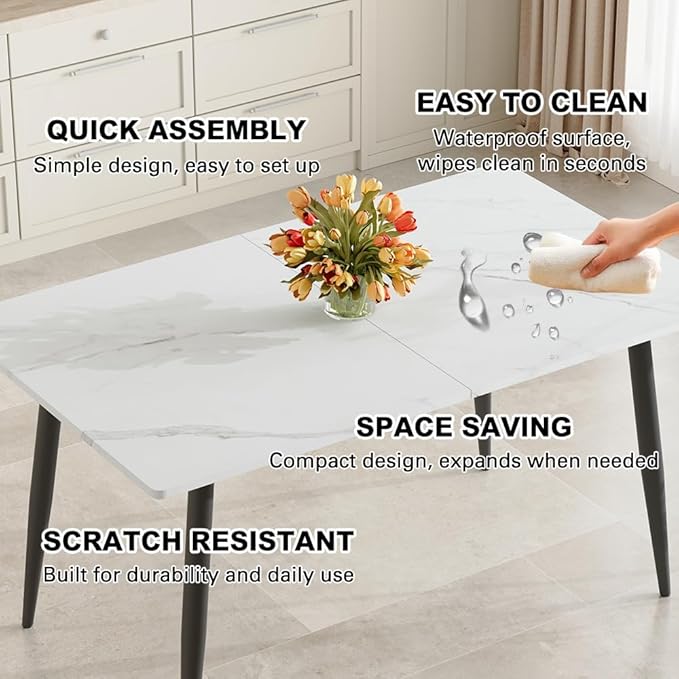 59"-75" White Extendable Dining Table for 6–8, Modern Rectangular Kitchen Dining Table with Black Metal Legs, Durable MDF Top, Space-Saving Expandable Dinner Table for Dining Room or Apartment