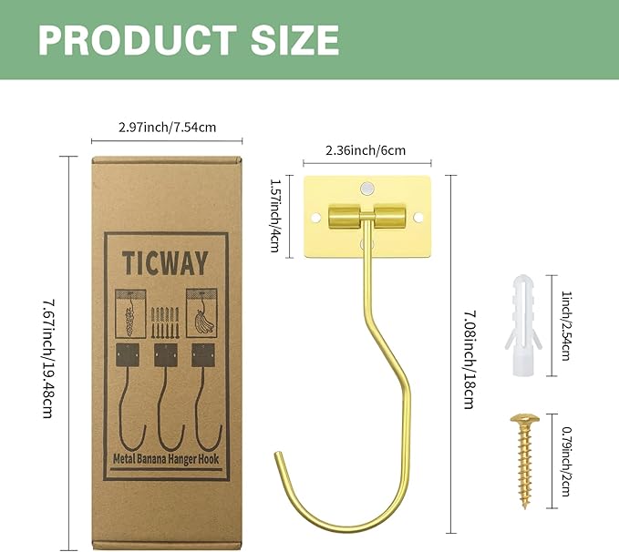 Banana Hanger Hook – Space Saving Banana Holder Hanger to Keep Bananas Fresh, Self Adhesive and Screw Banana Hook 1Pack Gold