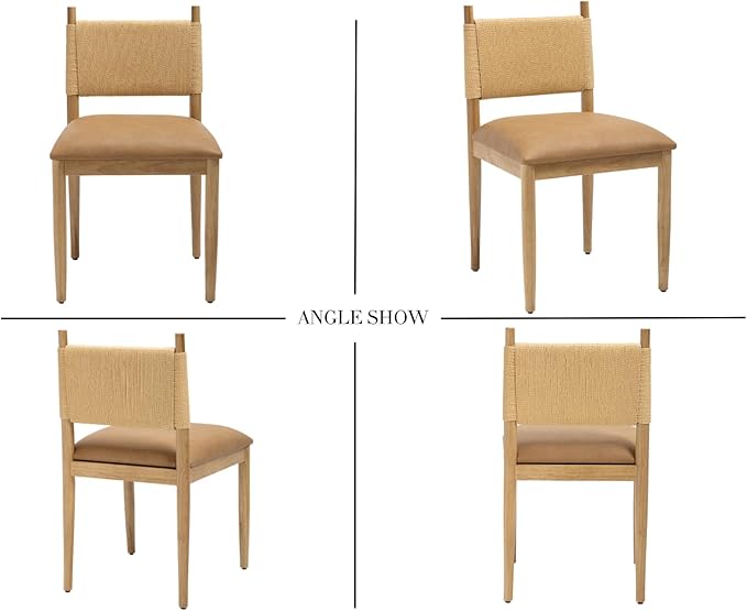 CIMOTA Faux Leather Modern Dining Chairs Set of 2, Mid Century Upholstered Dining Room Chairs with Woven Back, Armless Kitchen Chairs with Natural Solid Wood Legs, PU Brown