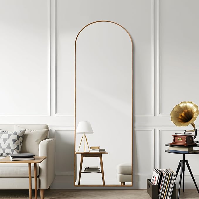 Arched 19x57 Inch Full Length Mirrors Aluminium Frame in Classic Yellowish Brown Wood Looking Free Standing Floor Mirror Full Body Wall Mounted for Bedroom Living Room and Hallway