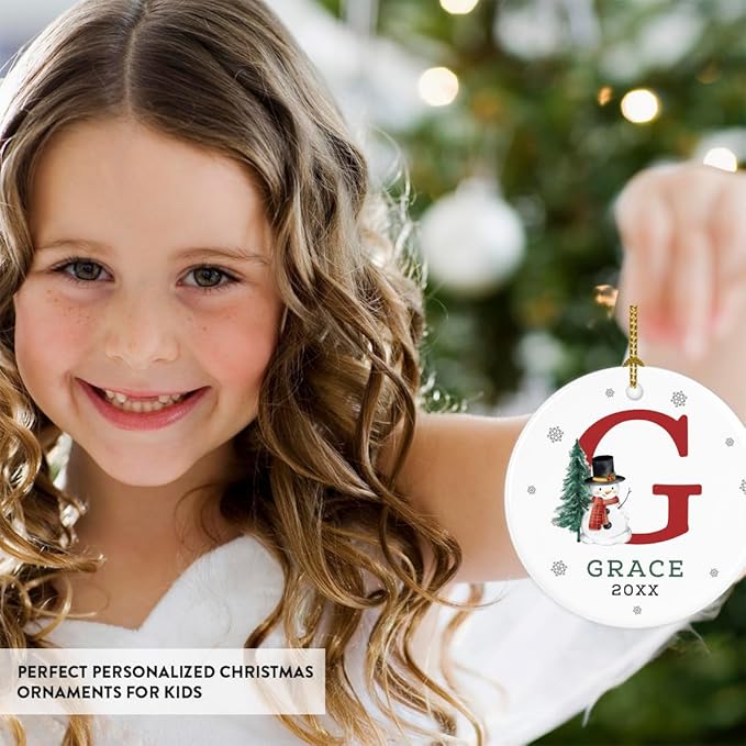 Andaz Press Personalized Ornament, Custom Name, Initial G Monogram Snowman 2.8" Ceramic Porcelain 2025 Christmas Ornament Keepsake for Kids, Boys, Girls, Initial Ornaments, 1-Pack