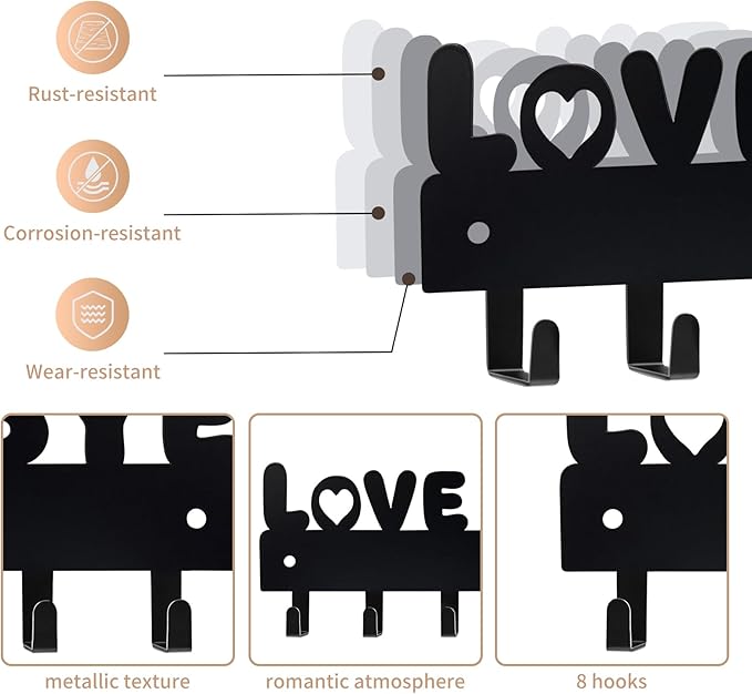 Key Holder for Wall, Key Hooks with 8 Hooks, Key Holder Wall Mount Self Adhesive, Key Rack for Wall No Drill for Entryway, Front Door, Hallway, Living Room (Black-Love You Bye)