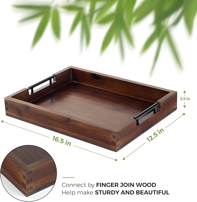 Ottoman Tray, Acacia Wood Serving Tray with Metal Handles, 16.5x12.5in Food Drinks Tray for Coffee Table, Breakfast, Dinner & Bar, Rustic Decorative Storage Tray for Ottoman, Kitchen, Packaging