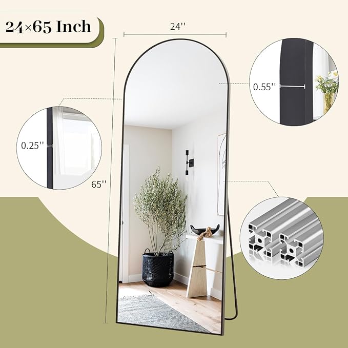 BEAUTYPEAK 65"x24" Full Length Mirror, Arch Full Body Floor Mirror, Wall Mirrors Hanging or Leaning Arched-Top with Stand for Bedroom, Living Room, Dressing Room, Black